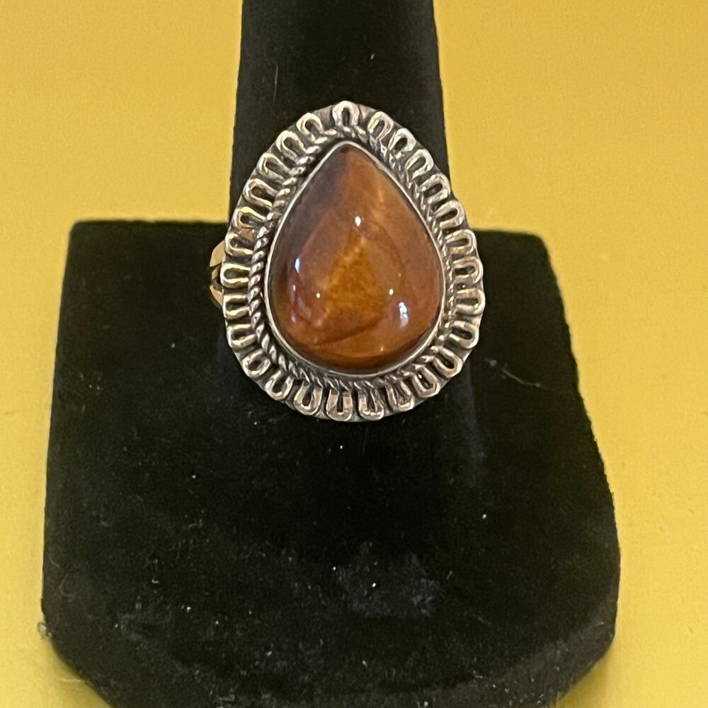Native American Teardrop shaped TigerEye Ring with 925 embellished setting